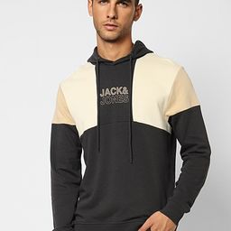 Jack & Jones Men Charcoal Colourblocked Hooded Cotton Sweatshirt-picture-37