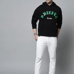 GRIFFEL Men Black Fleece Printed Hooded Sweatshirt-picture-23