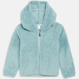 METTLE Girls Sea Green Solid Wool Hooded Front Open Sweater-image-100