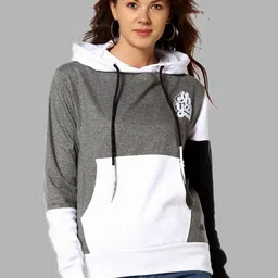 Campus Sutra Women Grey & White Colourblocked Hooded Sweatshirt-picture-3