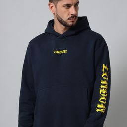 GRIFFEL Men Navy Blue & Yellow Printed Hooded Sweatshirt-image-67