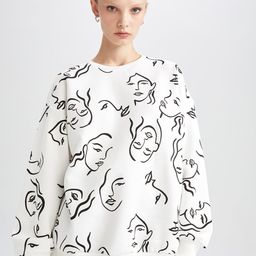 DeFacto Women White & Black Printed Pullover Sweatshirt-image-1