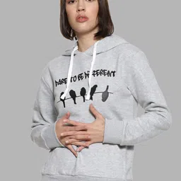Campus Sutra Women Grey Printed Hooded Cotton Sweatshirt-picture-3