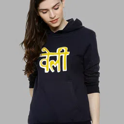 Campus Sutra Women Blue Typography Printed Hooded Cotton Sweatshirt-picture-20