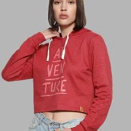Campus Sutra Women Maroon Printed Hooded Cropped Sweatshirt-picture-15