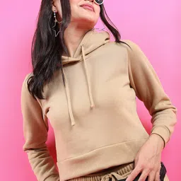 Tokyo Talkies Women Khaki Hooded Sweatshirt-image-10