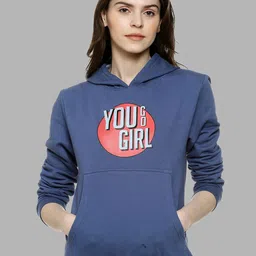 Campus Sutra Women Blue Printed Hooded Cotton Sweatshirt-picture-49