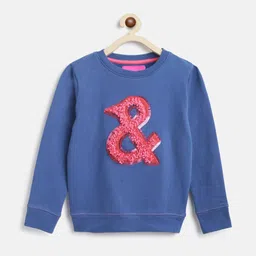 TALES & STORIES Girls Blue Embellished Cotton Sweatshirt-image-5
