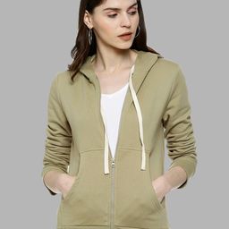 Campus Sutra Women Olive Green Hooded Front Open With Zipper Sweatshirt-16