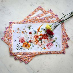 TARA- Sparkling Homes 4 Pieces Orange-Colored Floral Printed Pure Cotton Table Placemats-11