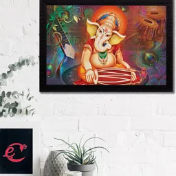 eCraftIndia Orange & Green Lord Ganesha Playing Dholak Satin Matt Texture UV Wall Art-picture-35