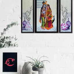eCraftIndia Set Of 3 Red & Green Floral and Radha Krishna Satin Matt Texture UV Wall Art-image-57