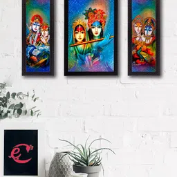 eCraftIndia Set Of 3 Blue & Green Abstract Radha Krishna Satin Matt Texture UV Wall Painting-19