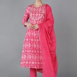 AHIKA Women Ethnic Motifs Yoke Design Pure Cotton Kurta with Trousers & Dupatta-17
