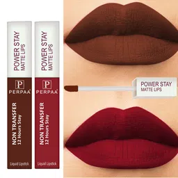 PERPAA Set of 2 Power Stay Non-Transfer & Long-Lasting Velvet Matte Liquid Lipstick 5 g-Brown 16 - Red 22-12