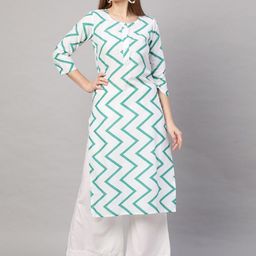 GoSriKi Women White & Green Chevron Printed Kurta-picture-11