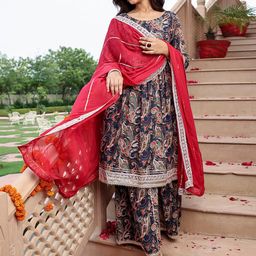 Janasya Paisley Printed Boat Neck Gotta Patti Pure Cotton A-Line Kurta Set-image-84
