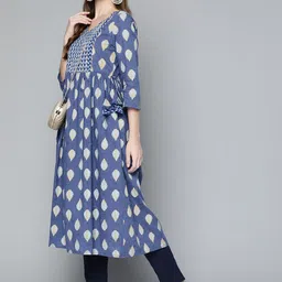 HERE&NOW Women Navy Blue & Mustard Yellow Ethnic Printed Gotta Patti Pure Cotton Kurta-image-77