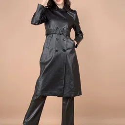 Crimsoune Club Double-Breasted Longline Leather Overcoat with Belt-31