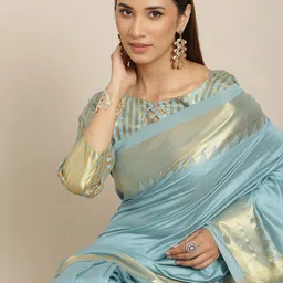 KALINI Turquoise Blue & Gold-Toned Woven Design Silk Blend Kasavu Saree-picture-48