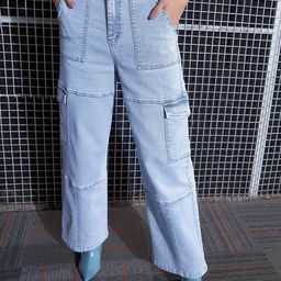 SASSAFRAS Women Straight Fit High-Rise Heavy Fade Acid Wash Stretchable Cargo Jeans-image-87