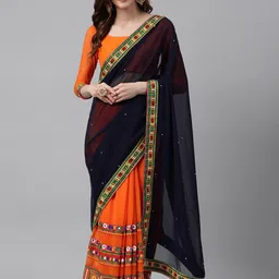 RAJGRANTH Orange & Black Kutchi Embroidered Pure Georgette Half and Half Saree-picture-24