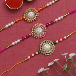 eCraftIndia Men Set Of 3 Stone Studded & Beaded Thread Rakhis-image-18