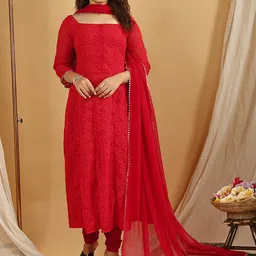 KALINI Floral Embroidered Panelled Anarkali Kurta & Churidar With Dupatta-image-34