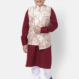 NAMASKAR Boys Maroon Floral Printed Kurta with Churidar & Nehru Jacket-27