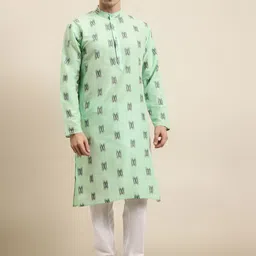 SOJANYA Men Sea Green & Black Ikat Woven Design Pure Cotton Kurta with Churidar-10