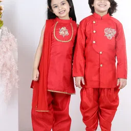 BownBee Boys Red Floral Embroidered Angrakha Sequinned Kurta with Dhoti Pants-image-28