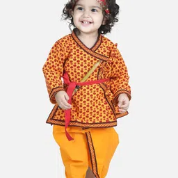 BownBee Boys Printed Angrakha Cotton Kurta & Dhoti Pants with Mukut Waist Belt and Bansuri-image-43