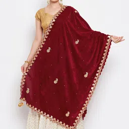 Clora Creation Women Maroon & Gold-Toned Embroidered Velvet Dupatta with Gotta Patti-47