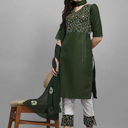 KALINI Women Green Embroidered Mirror Work Kurta with Trousers & With Dupatta-image-46
