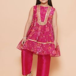 Modish Couture Girls Floral Printed Gotta Patti A-Line Kurta With Palazzo-image-92