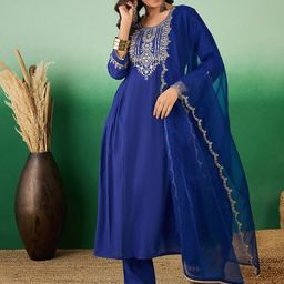 Sangria Blue Embroidered Sequinned A-Line Kurta With Trouser & Dupatta-18