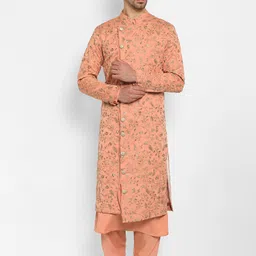 Ethnovog Men Peach-Coloured Floral Embroidered Angrakha Kurta with Pyjamas-2