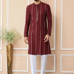 See Designs Striped Mandarin Collar Thread Work Pure Cotton Straight Kurta With Trousers-picture-28