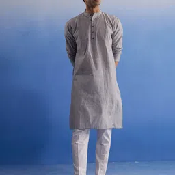 SHVAAS by VASTRAMAY Striped Regular Band Collar Straight Pure Cotton Kurta with Pyjamas-picture-16