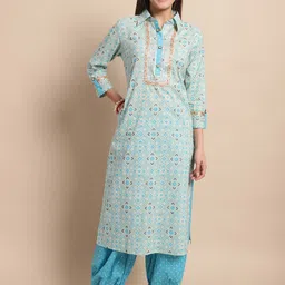 KALINI Ethnic Motifs Printed Shirt Collar Yoke Zari Pure Cotton Pathani Kurta With Salwar-picture-25