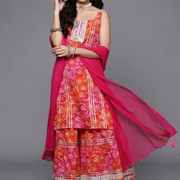 KSUT Women Pink Bandhani Printed Gotta Patti Pure Cotton Kurta with Sharara & With Dupatta-image-9