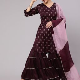 Jaipur Kurti Women Maroon Ethnic Motifs Printed Kurta & Sharara With Dupatta-image-94