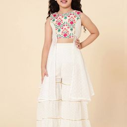 A T U N Girls Cream-Coloured Floral Embroidered Sharara Set-image-62