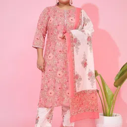 Vbuyz Plus SIze Floral Embroidered Mirror Work Kurta with Trousers & Dupatta-12
