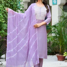 VIBE VISION Women Floral Yoke Design Regular Thread Work Kurta with Trousers & With Dupatta-picture-25