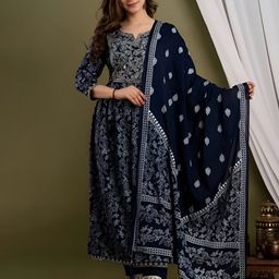 Subh LAXMI Floral Printed Thread Work A-Line Kurta With Trousers & Dupatta-0
