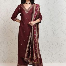 Vishudh Women Ethnic Motifs Printed Regular Thread Work Kurta with Trousers & With Dupatta-5