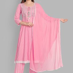 SINGNI Women Pink Ethnic Motifs Embroidered Mirror Work Kurta with Trousers & With Dupatta-40