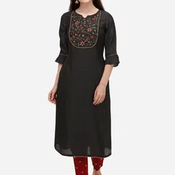 KALINI Floral Yoke Design Bell Sleeves Thread Work Detail Straight Kurta with Trousers-image-83