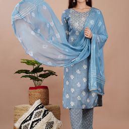 Kesarya Ethnic Motifs Embroidered Block Print Sequinned Kurta with Trousers & Dupatta-picture-21